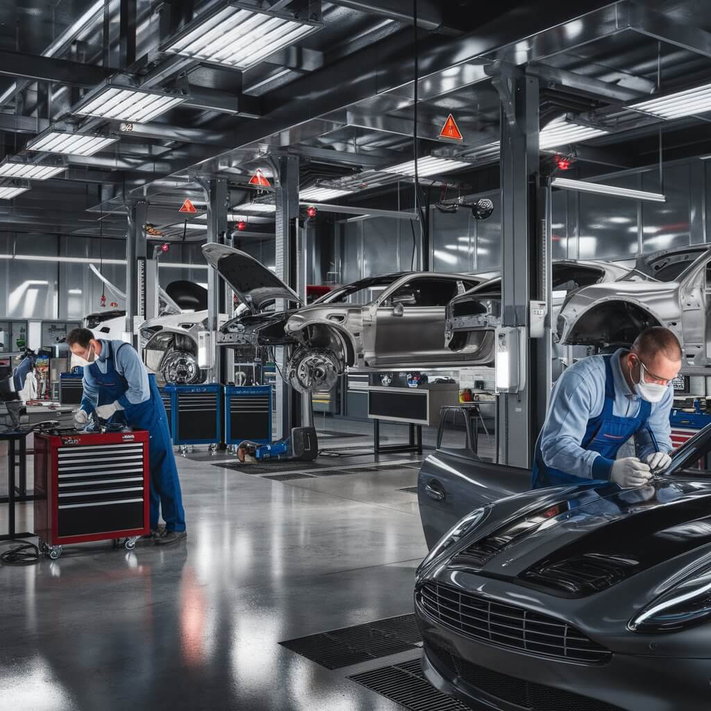 Technician assessing car body damage before repair in Dubai