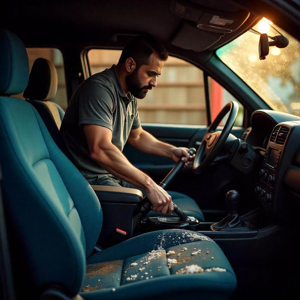 Technician cleaning front vehicle seats and the centre area