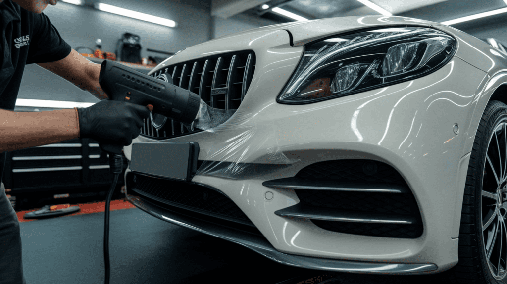 Technician fitting paint protection film to a front bumper