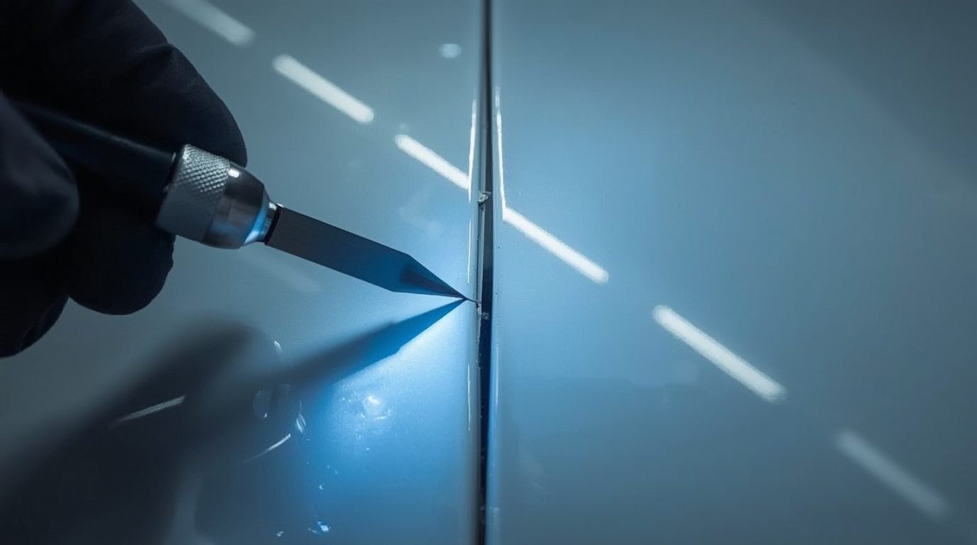 Vehicle panel gaps inspected after minor accident damage
