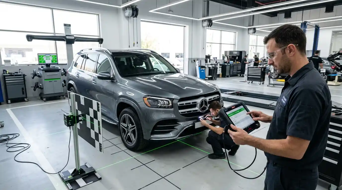 ADAS Calibration After Accident Dubai ADAS calibration setup after accident repair in a professional Dubai body shop