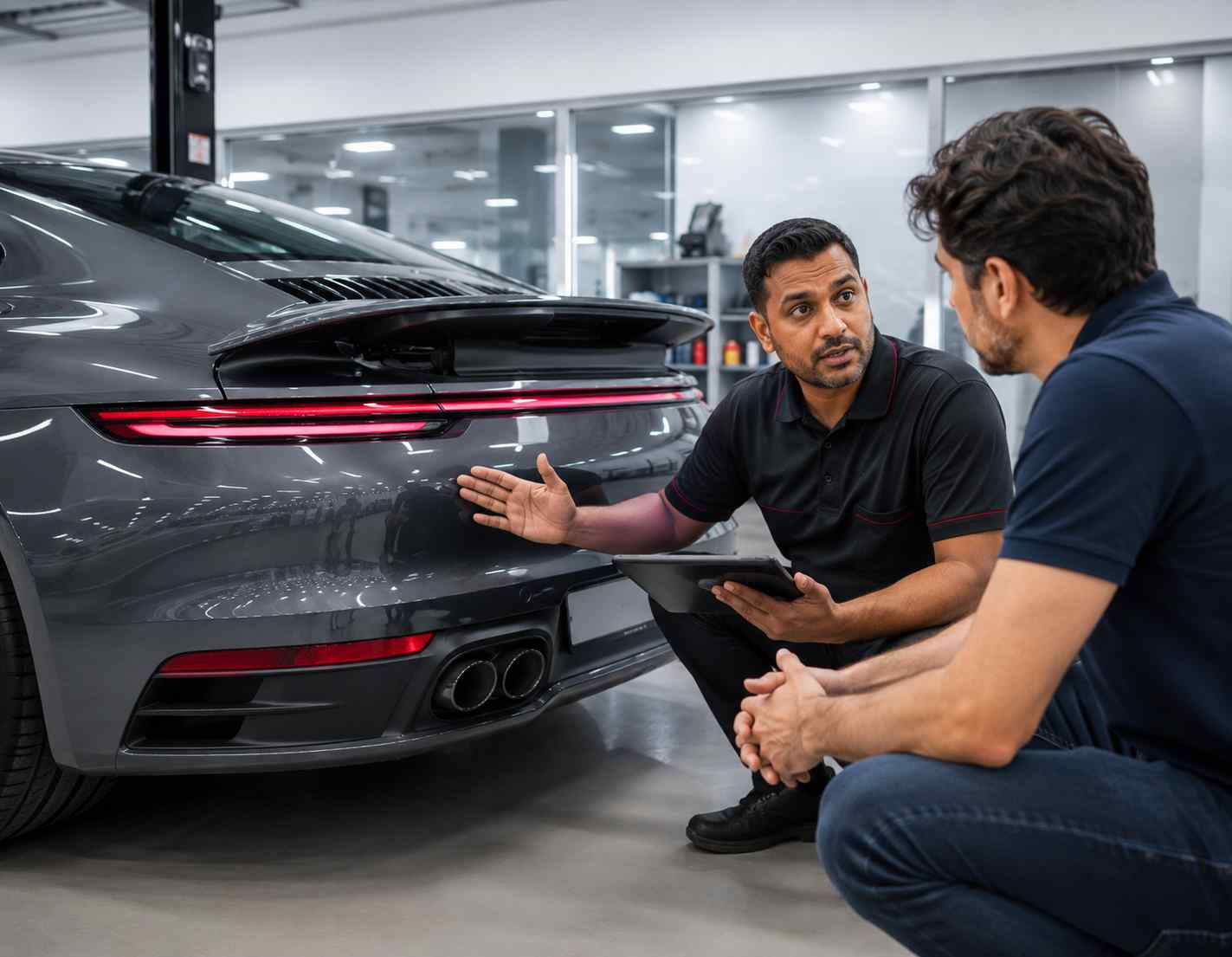 Porsche 911 Aftercare for the Repaired Area Service advisor explaining aftercare for the repaired area of a Porsche 911