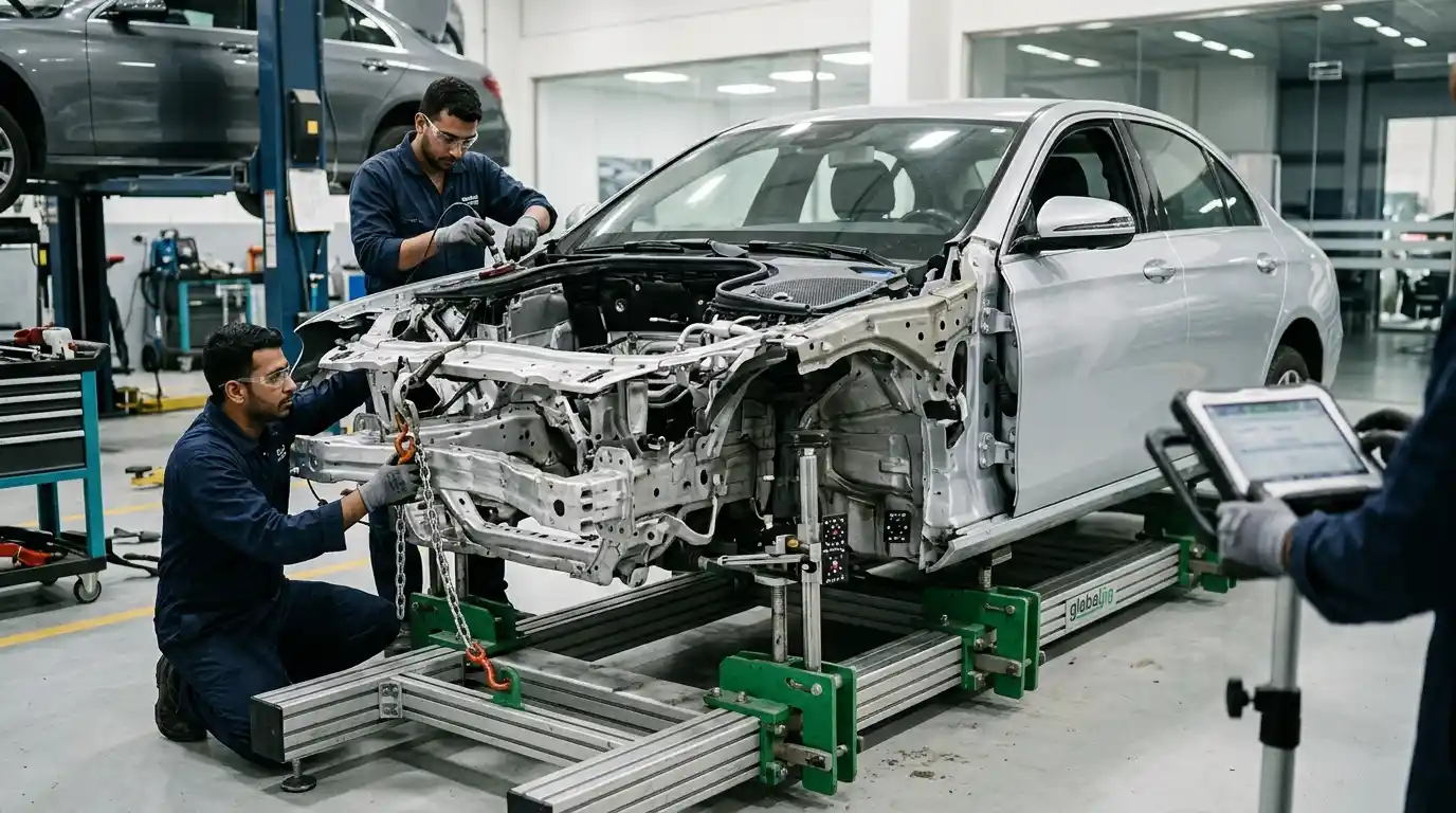 Vehicle anchoring and controlled pull sequence on a frame-straightening bench