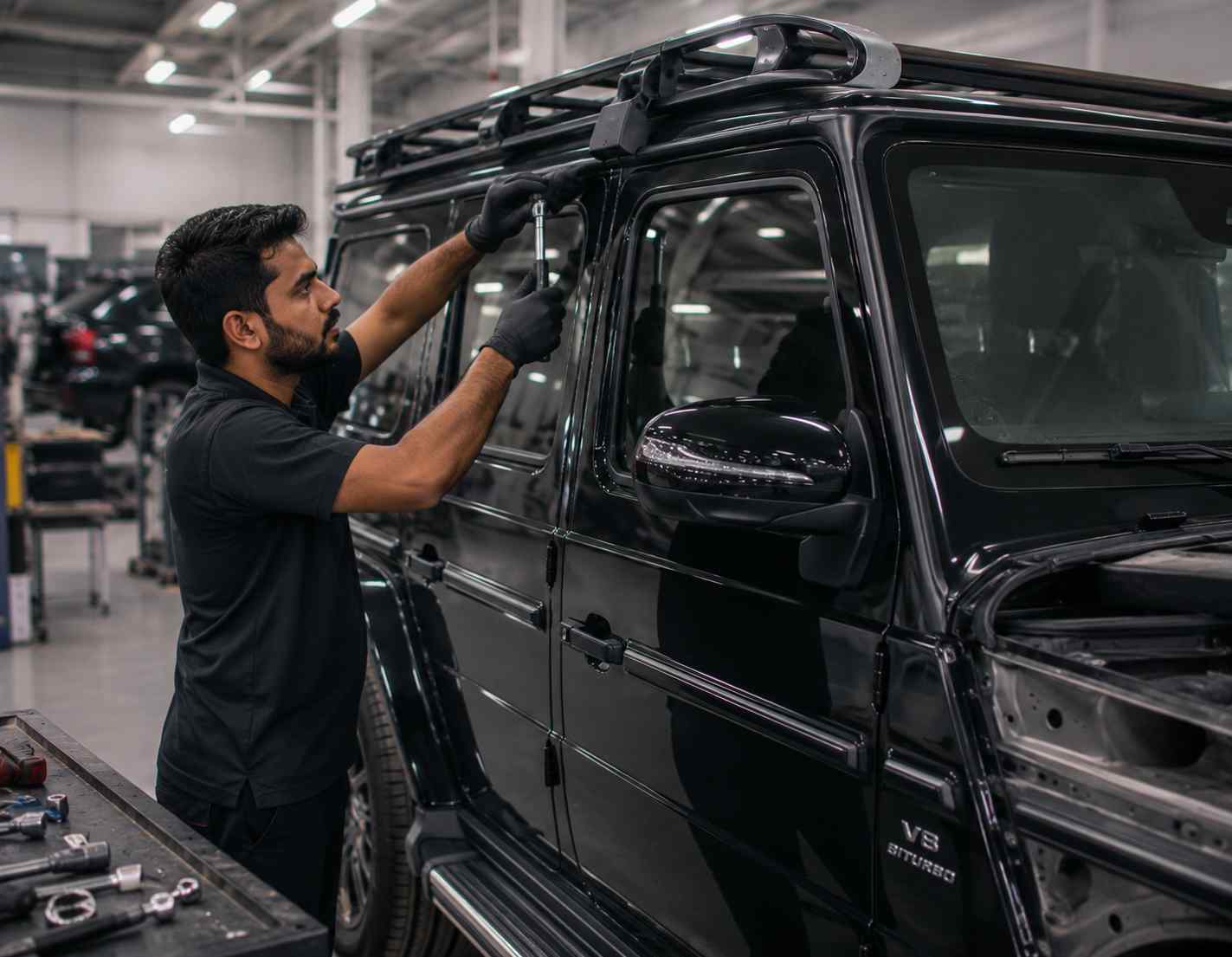 Assessing G-Class Accessories Separately Technician assessing Mercedes-Benz G-Class accessories and mounting brackets separately from body damage