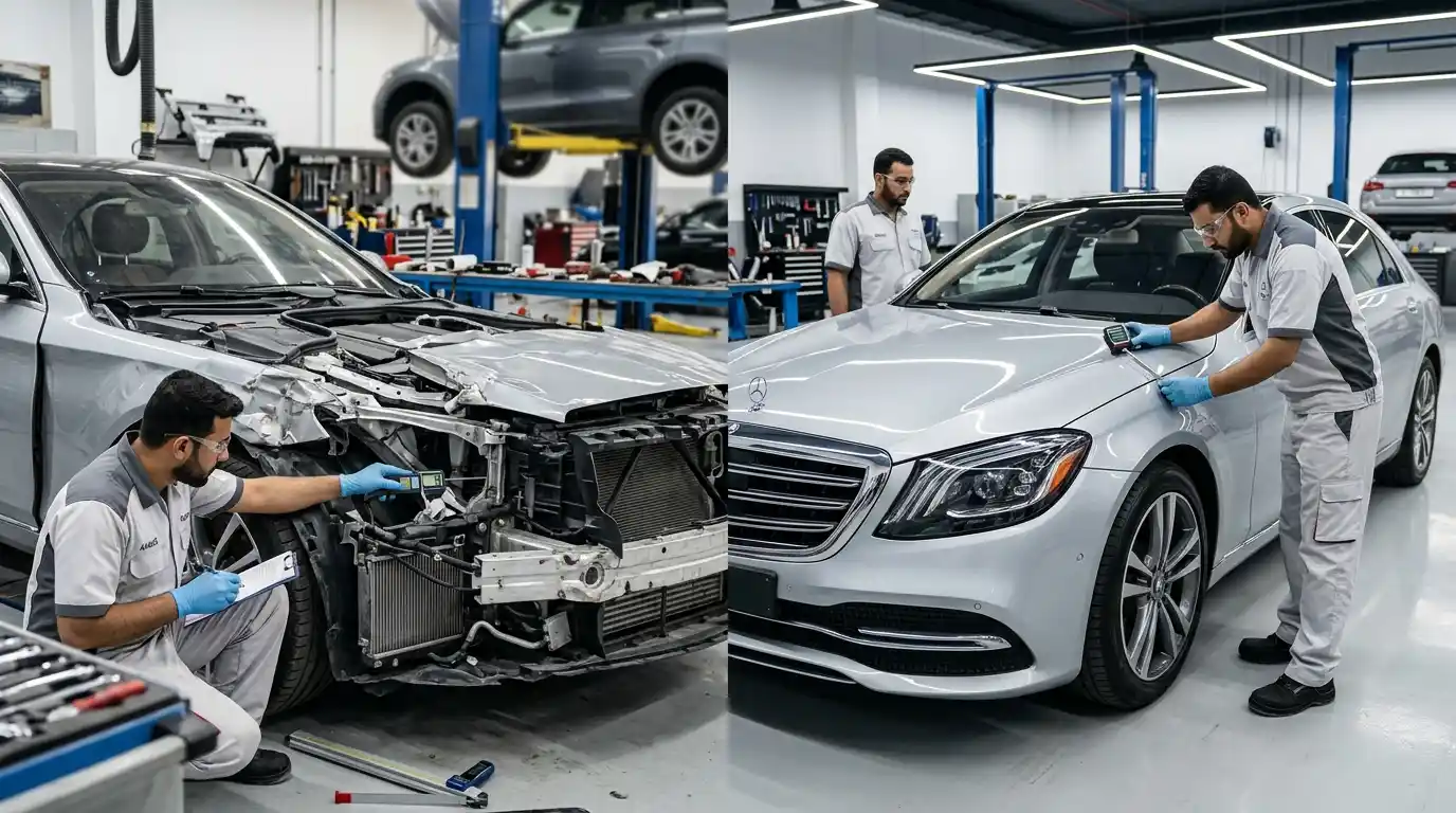 Auto body repair case study documentation reviewed in a professional Dubai workshop