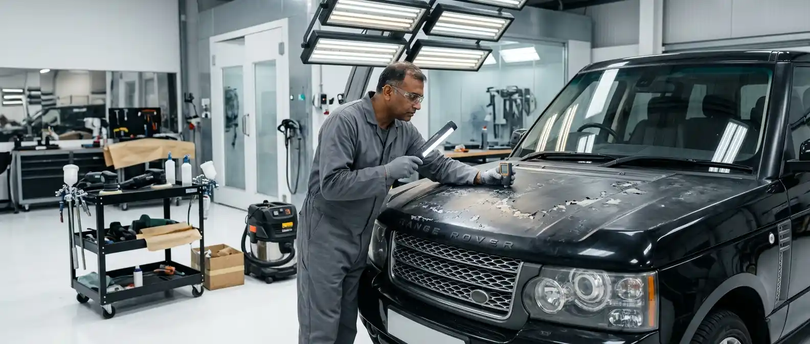 Automotive paint specialist inspecting clear coat failure on a luxury SUV in Dubai