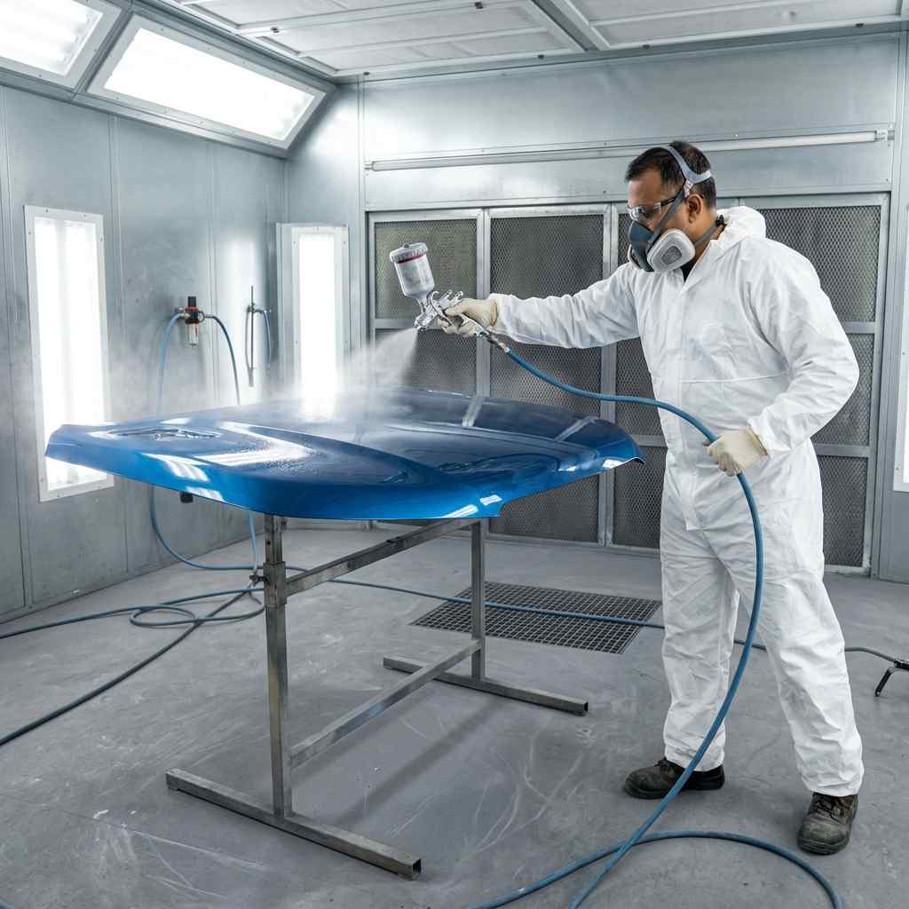 Automotive painter applying clear coat during complete panel refinishing in Dubai