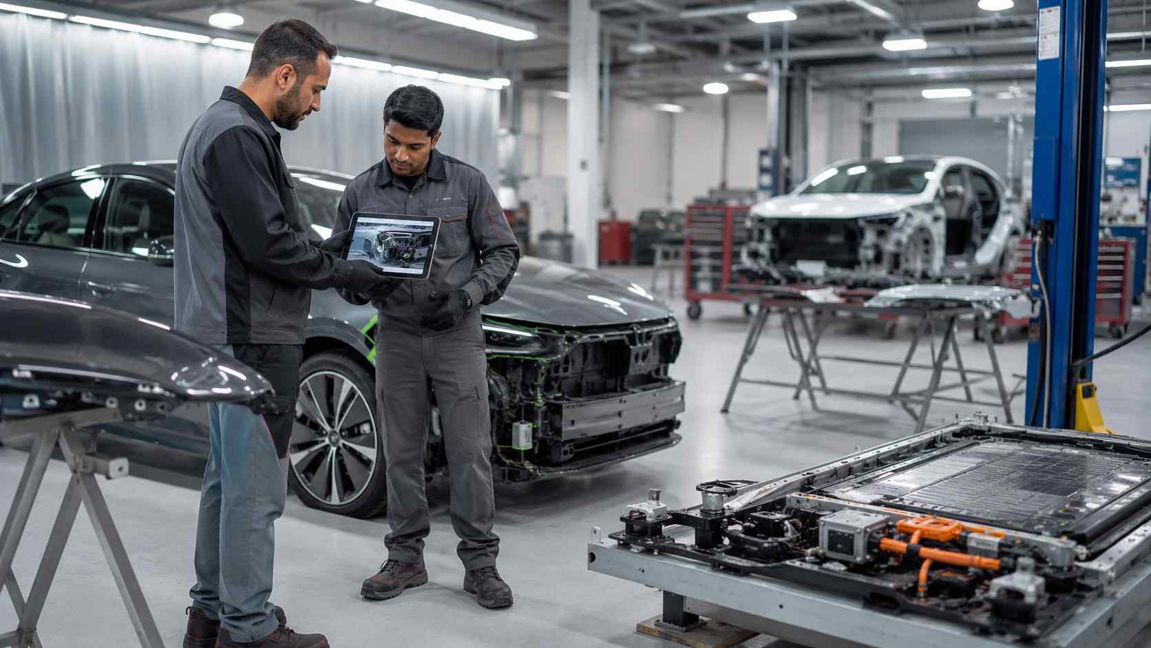 BYD electric or hybrid vehicle undergoing professional collision repair assessment in Dubai