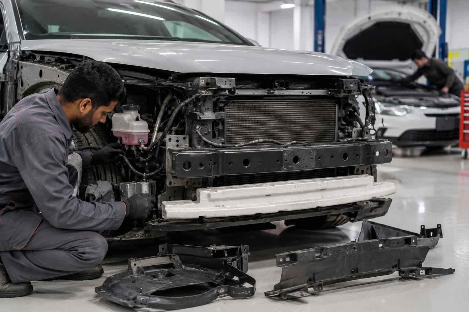 BYD front-end collision repair with cooling system and sensor inspection in Dubai