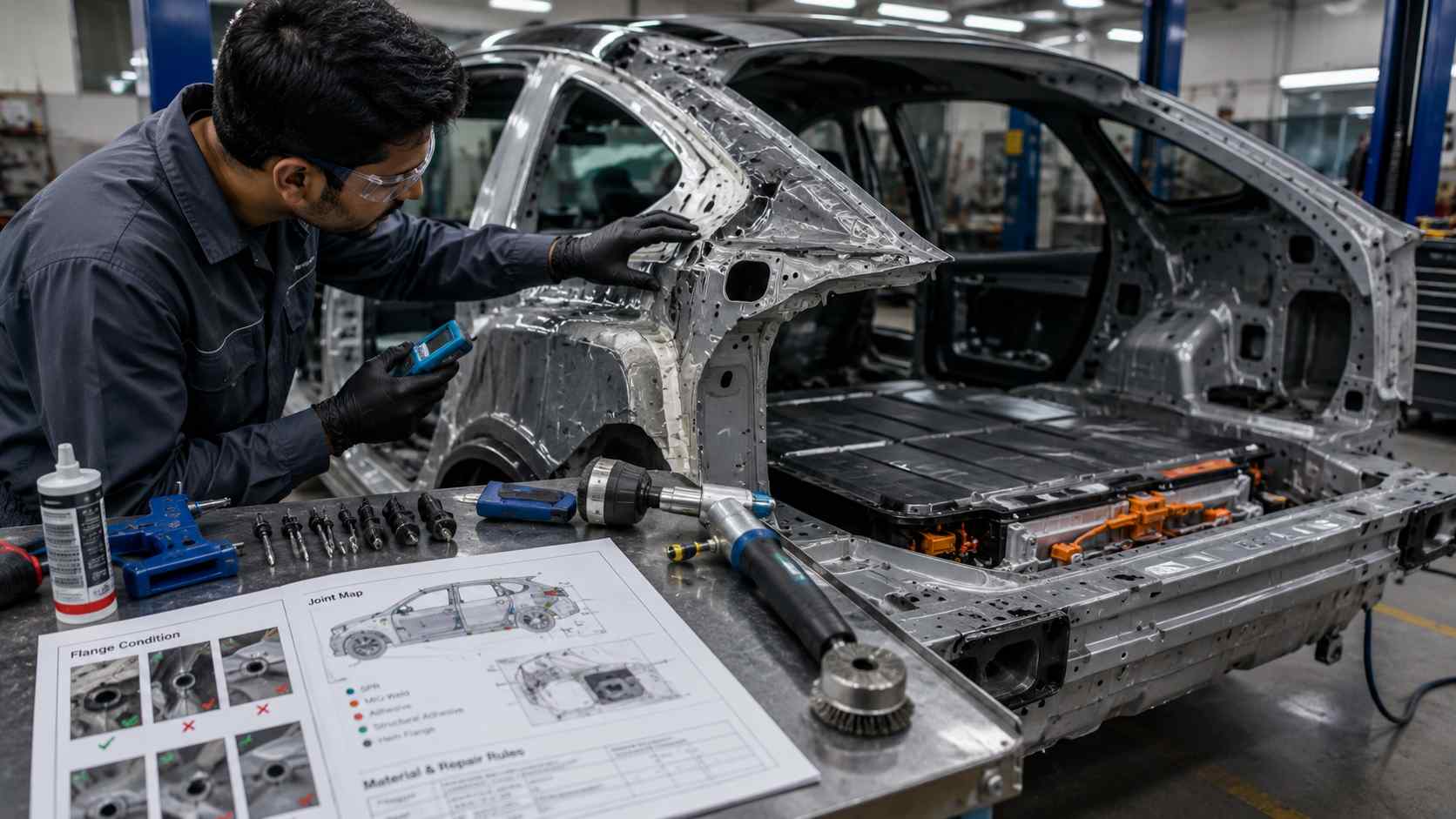 Technician identifying BYD Seal body materials and repair zones before metal correction in Dubai
