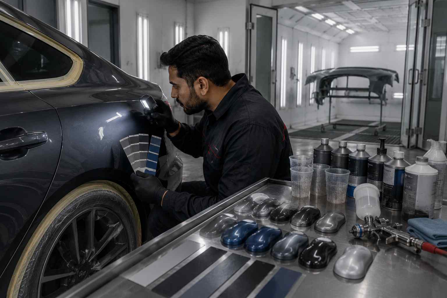 Painter comparing a controlled spray-out with a BYD Seal body panel before refinishing in Dubai