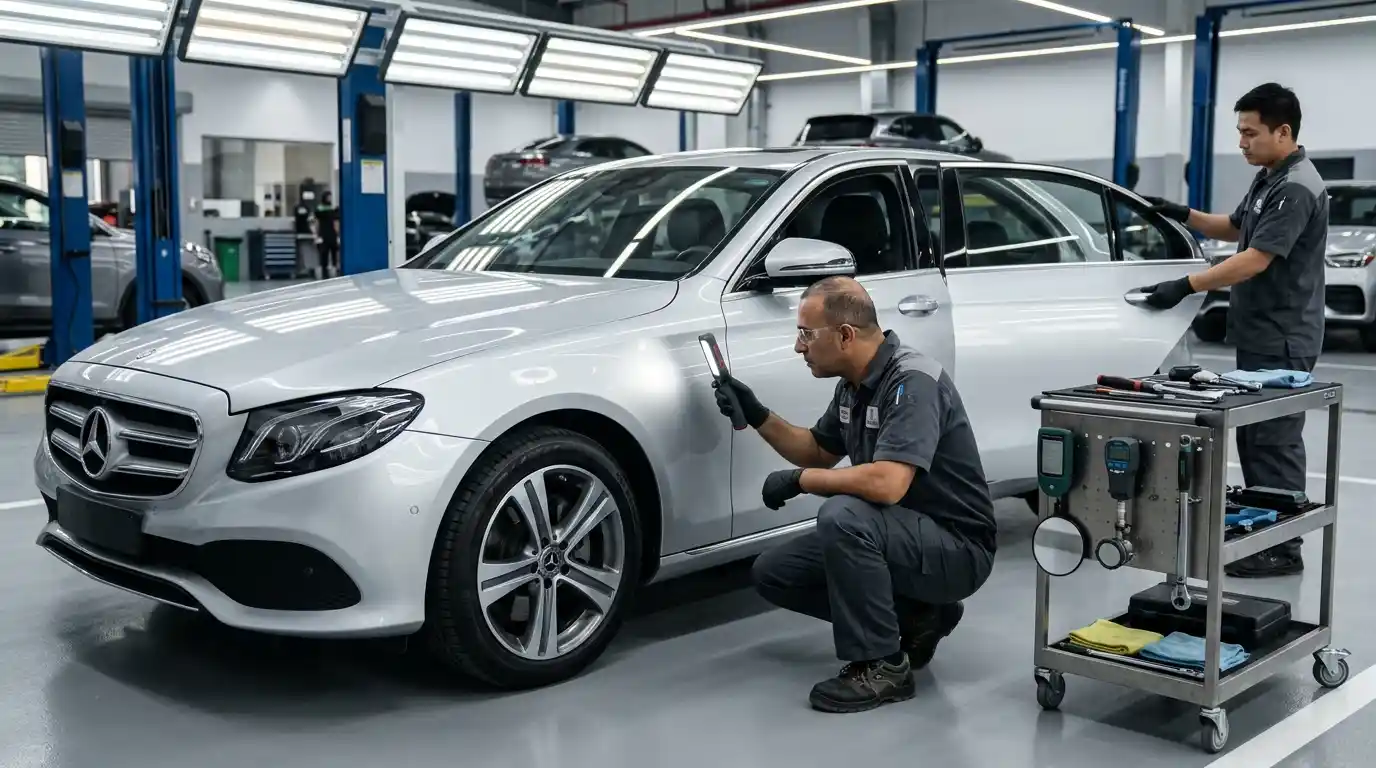 Technician reviewing a body shop quality control checklist beside a repaired vehicle in Dubai