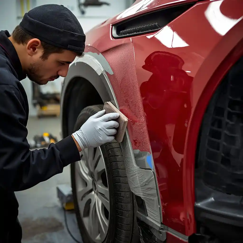 Body technician feathering paint edges for a controlled panel repair