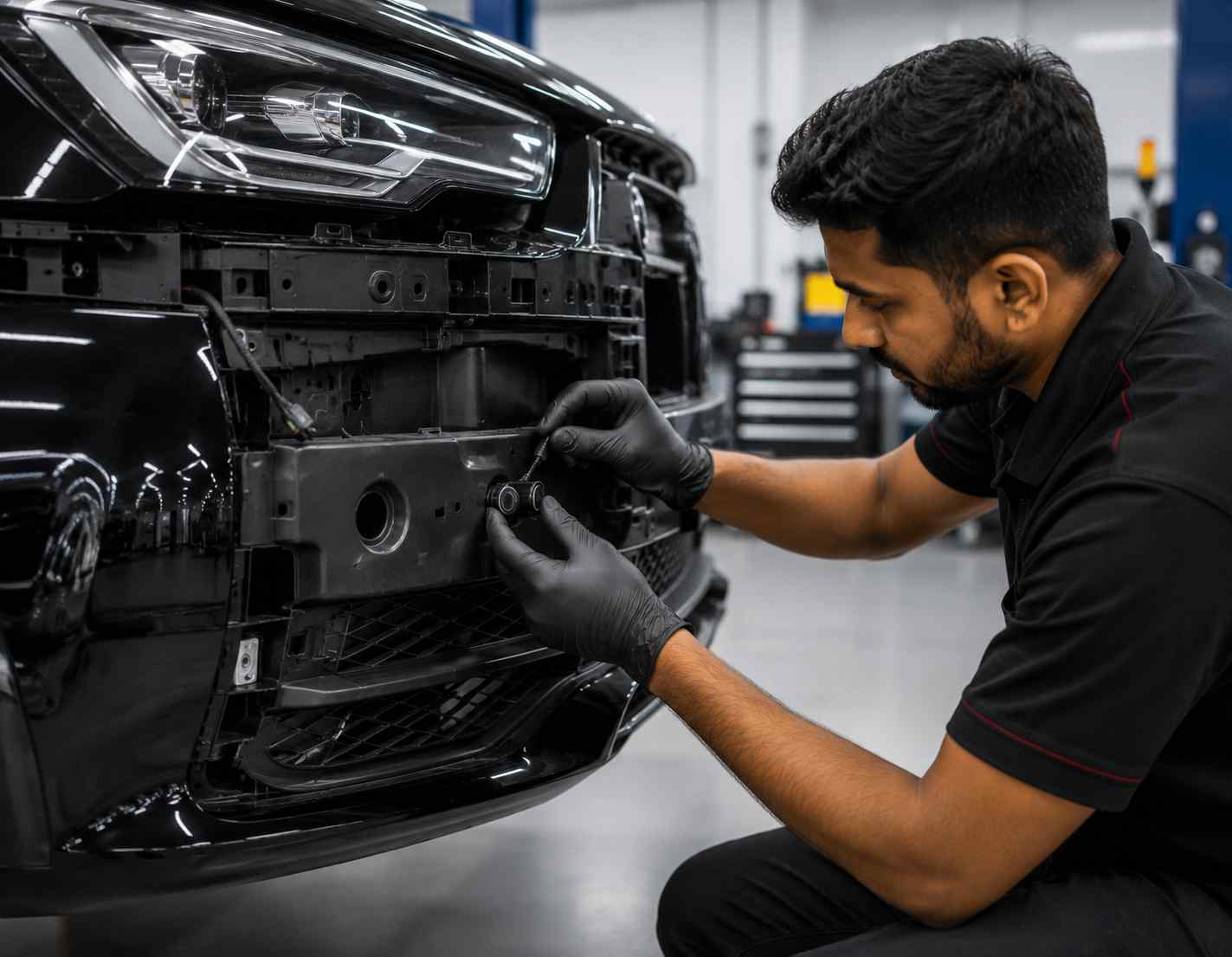 Mercedes-Benz S-Class bumper sensor and mounting geometry inspected before diagnostic testing