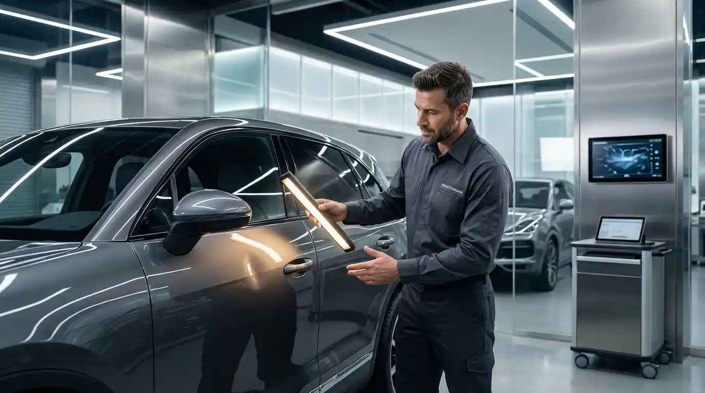 Technician assessing a vehicle dent to determine PDR or paint repair cost in Dubai