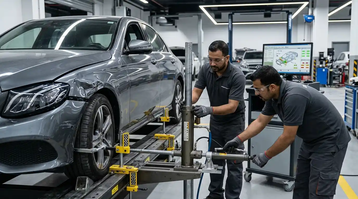 Collision-damaged vehicle secured for car frame straightening in Dubai
