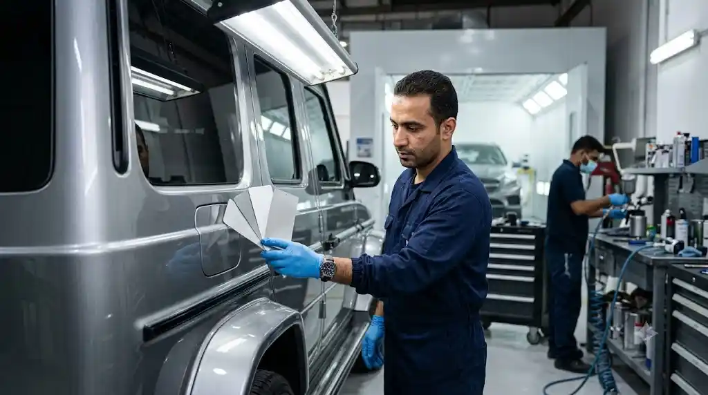 Automotive paint matching process using spray-out cards and controlled inspection lighting in Dubai