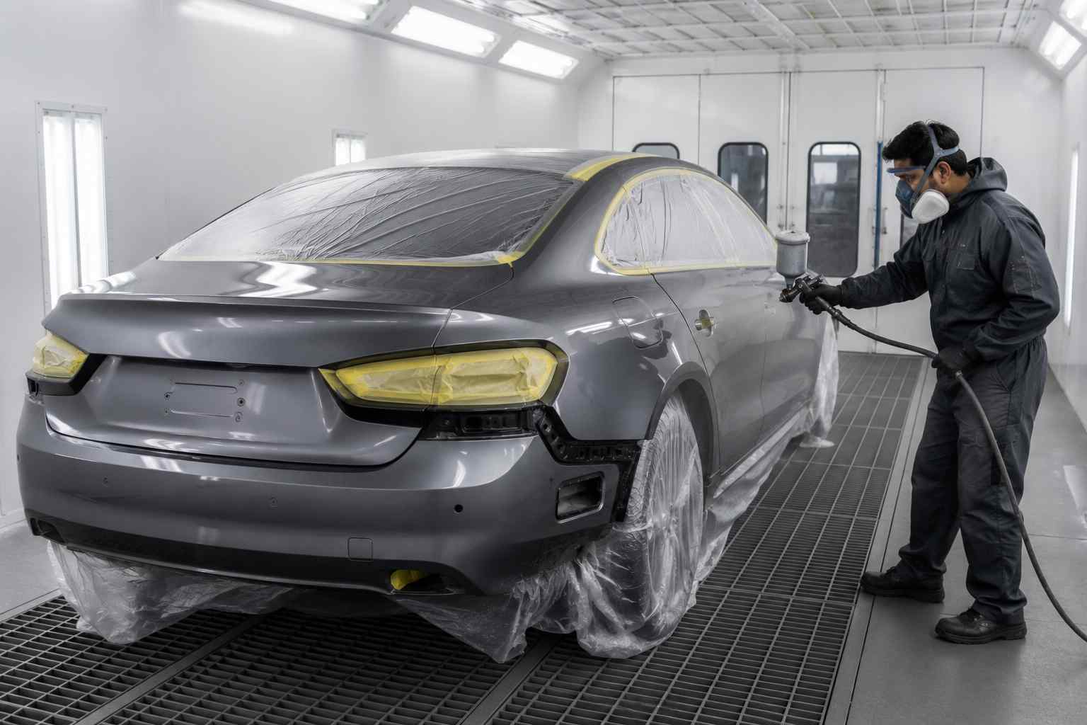 Vehicle panel prepared for refinishing inside a professional automotive spray booth in Dubai