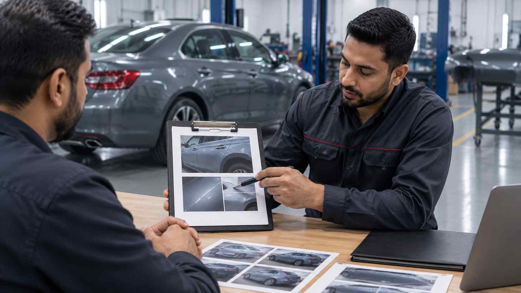 Vehicle paint repair documentation and inspection prepared for warranty review in Dubai
