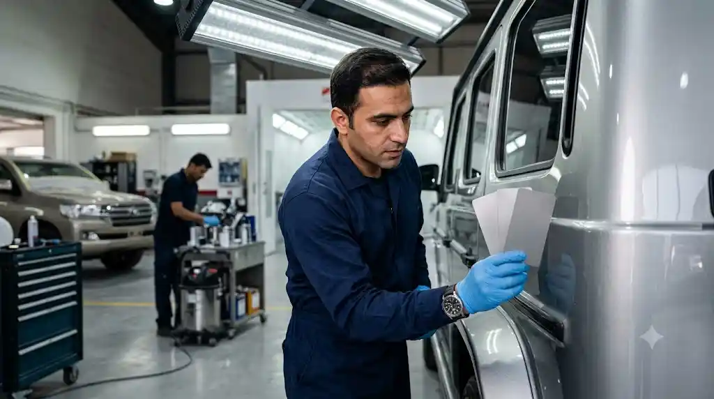 Automotive painter combining digital colour data with repeatable spray application in Dubai
