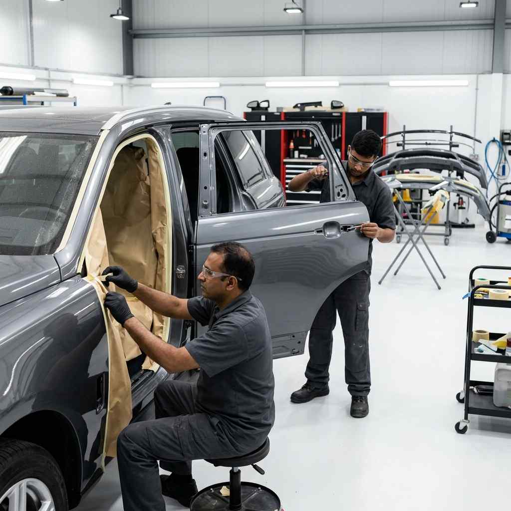 Door jamb and aperture preparation during a complete vehicle repaint in Dubai
