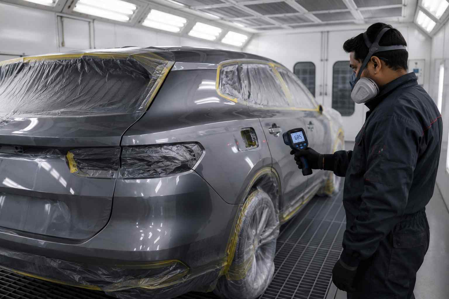 Automotive paint curing controlled inside a professional spray booth after refinishing