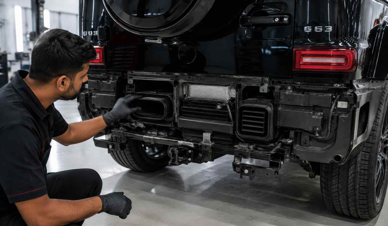 Cooling Opening Inspection on Porsche 911 Technician inspecting Porsche 911 cooling openings and air guides during body repair