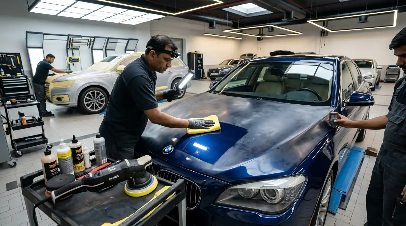 Automotive paint assessment comparing correction, staged restoration and panel refinishing options in Dubai