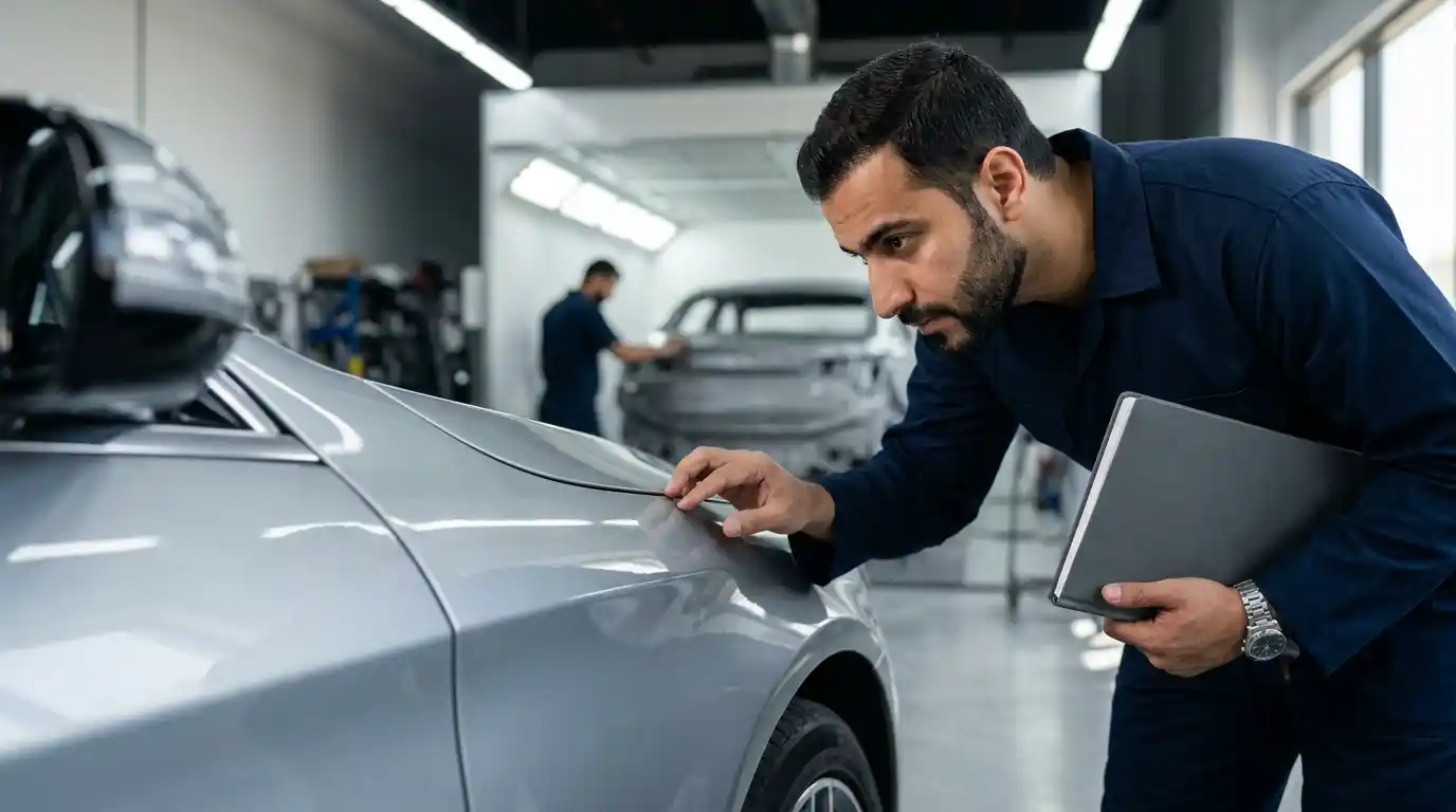 Vehicle paint mismatch inspected by viewing angle lighting condition and panel boundary