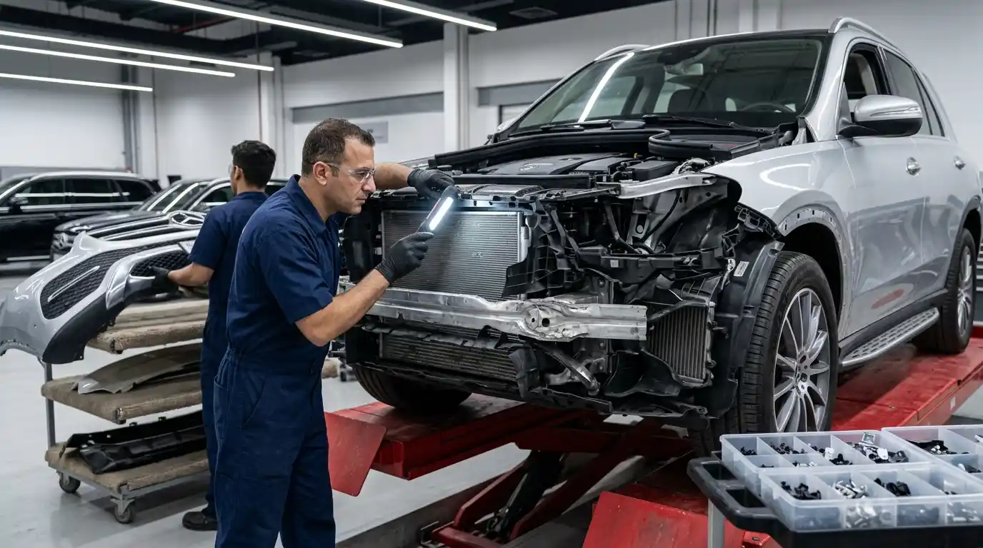 Technician documenting hidden collision damage during controlled vehicle disassembly in a Dubai body shop