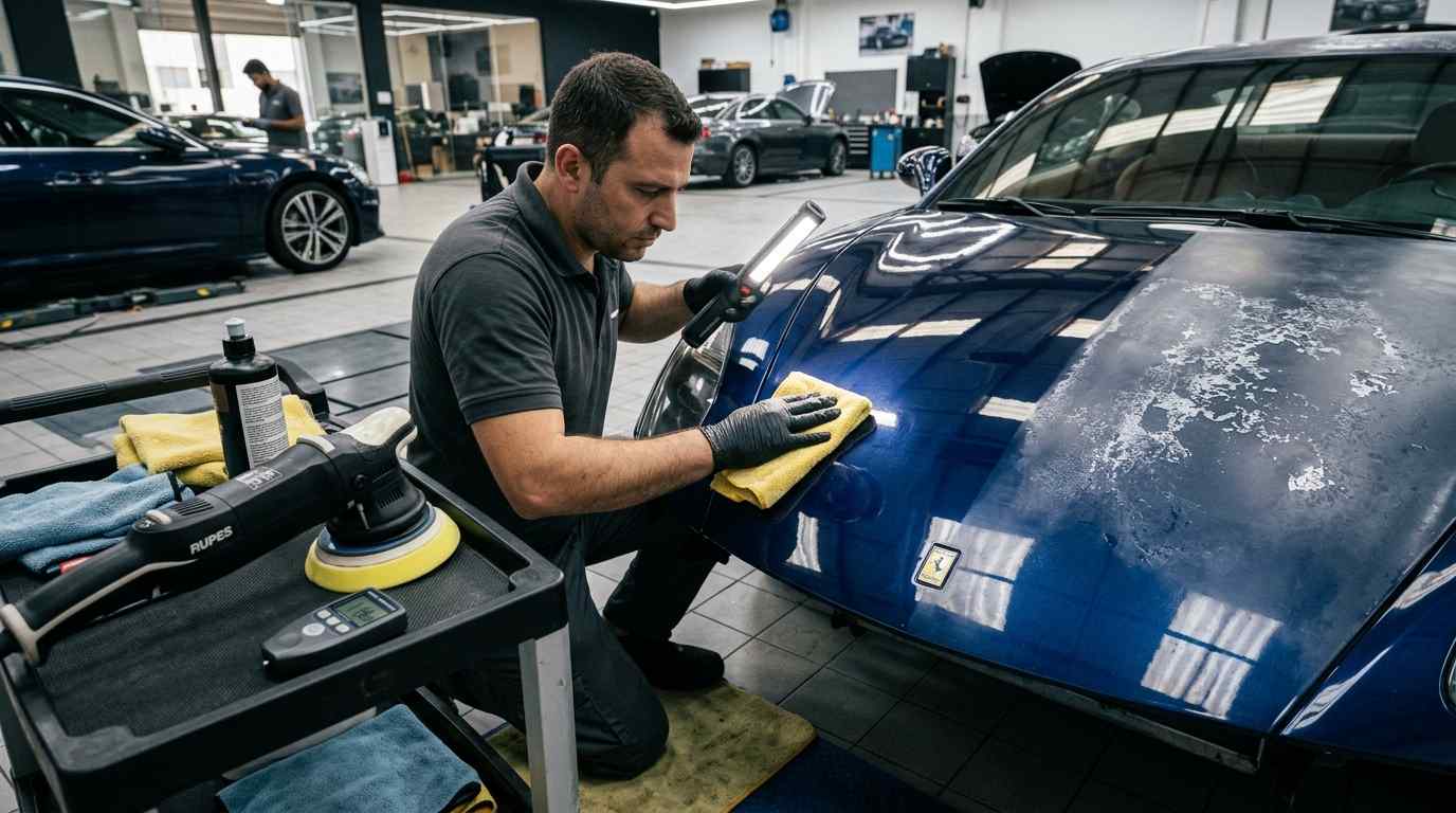 Technician testing dull oxidised car paint to determine whether correction is safe in Dubai
