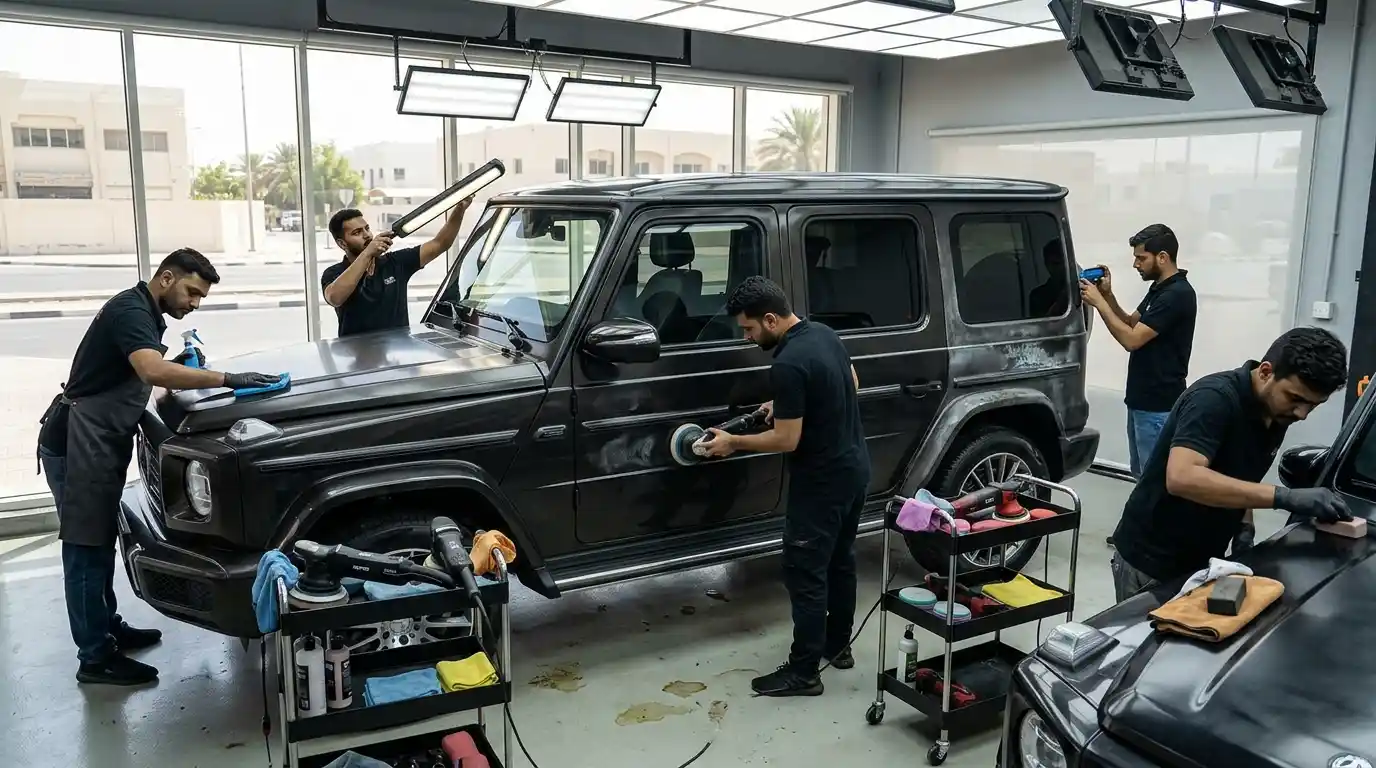 Technician measuring and correcting individual car panels within safe paint limits in Dubai