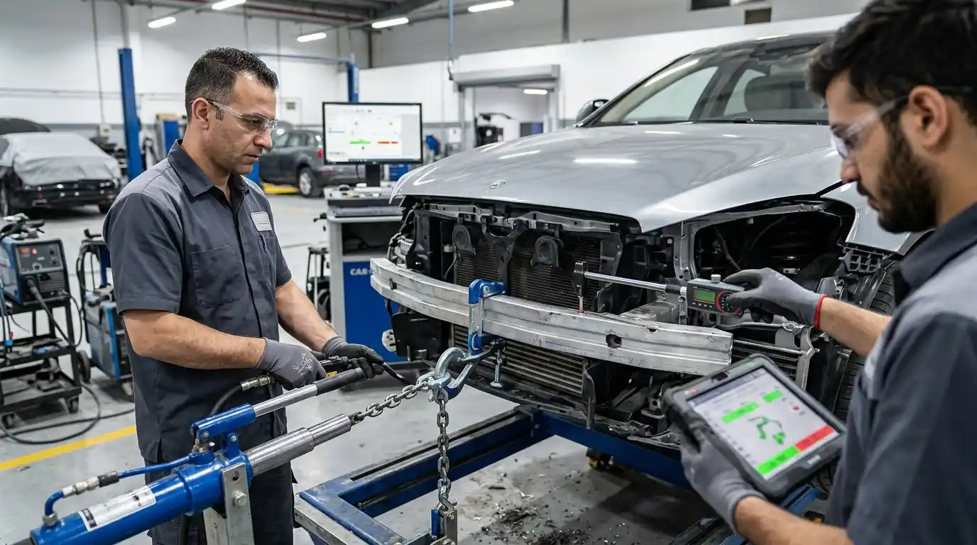 Three-dimensional measurement guiding each controlled frame-straightening pull