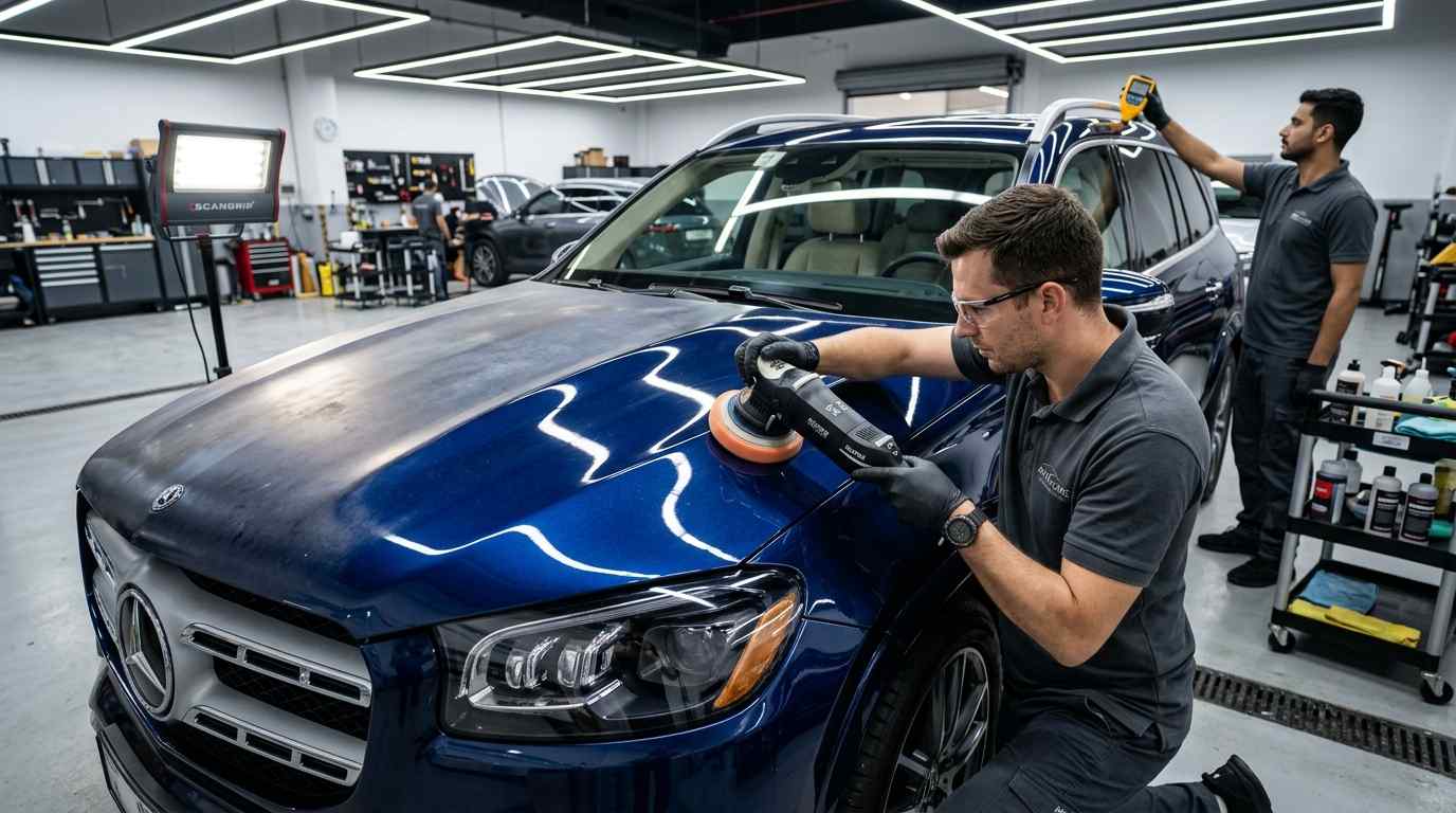 Technician assessing sun-faded automotive paint during faded car paint restoration in Dubai