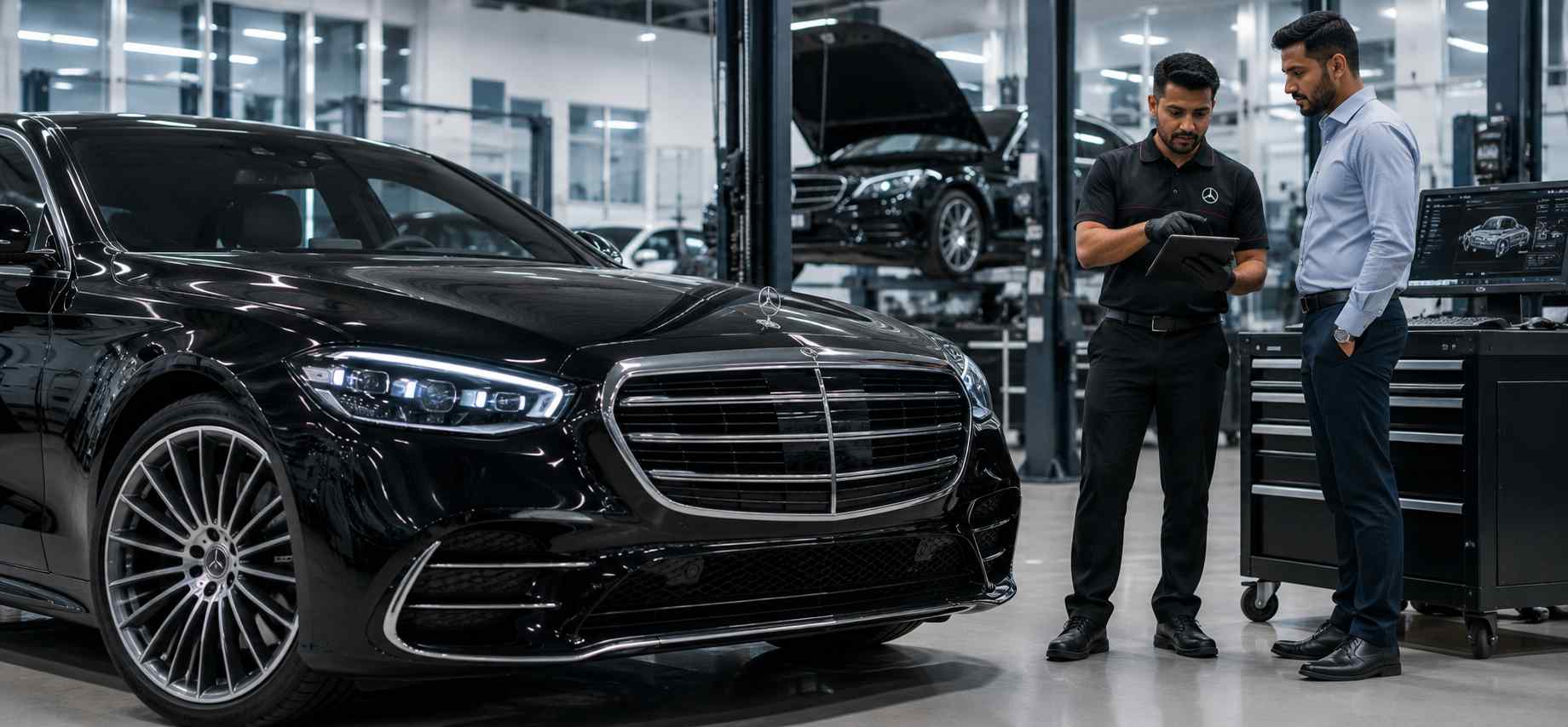 Mercedes-Benz S-Class progressing from precision body repair to final vehicle handover in Dubai