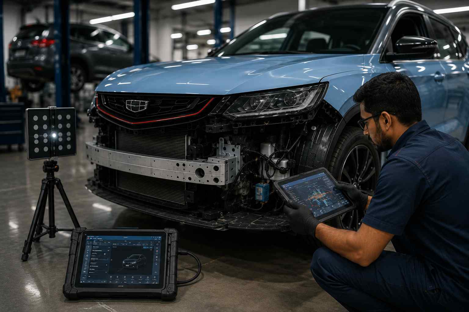 Geely Coolray sensor mounting geometry inspected before diagnostics and calibration after body repair in Dubai