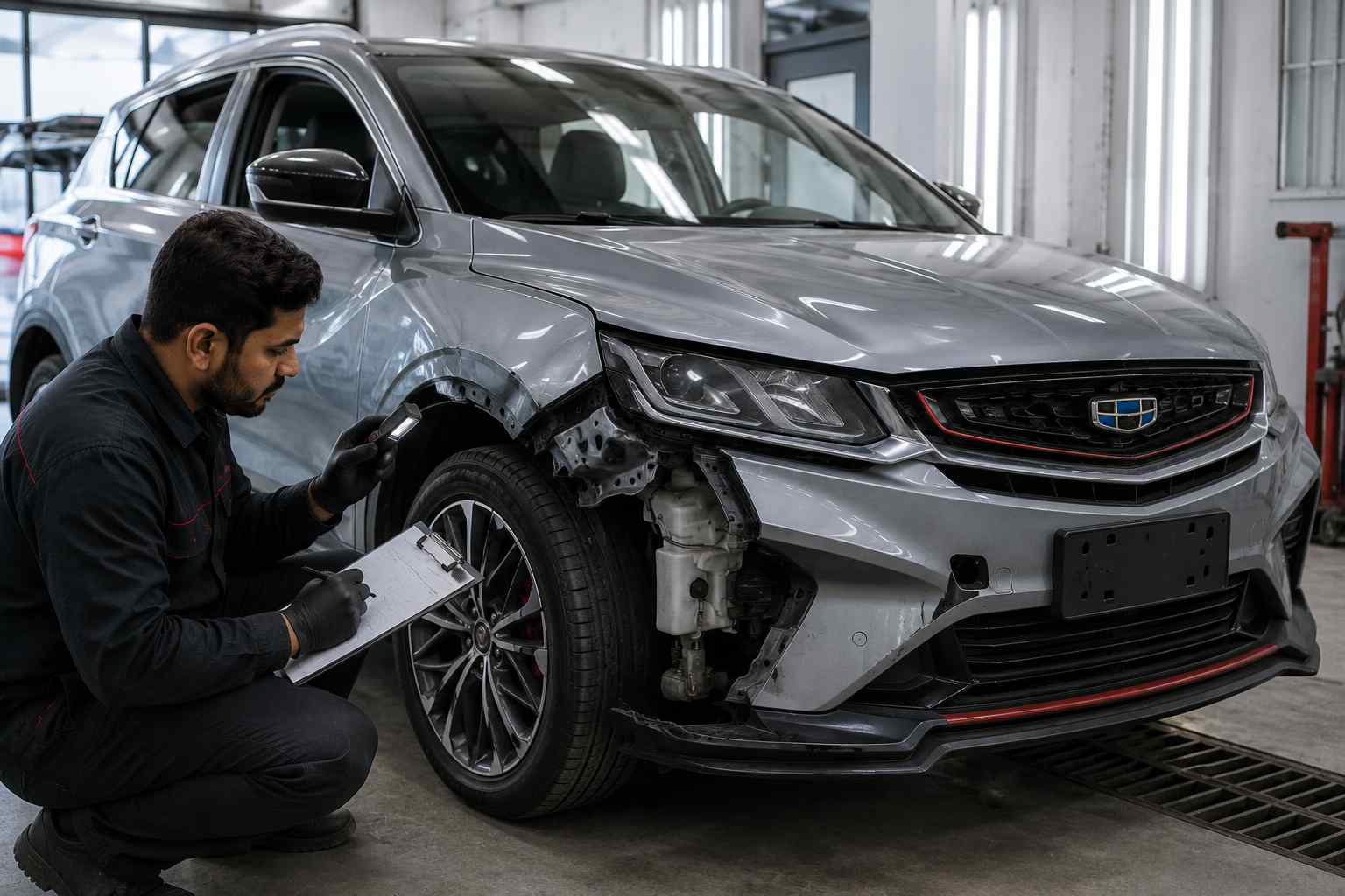 Geely Coolray compact crossover undergoing bumper, panel and body repair assessment in Dubai