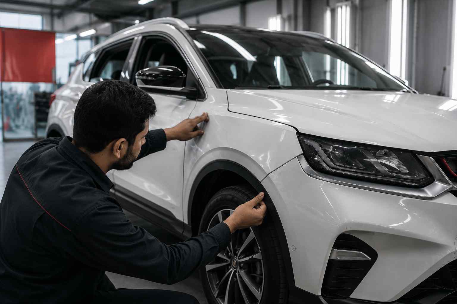 Geely Coolray door, tailgate, panel gaps and seals checked for correct alignment without forced adjustment