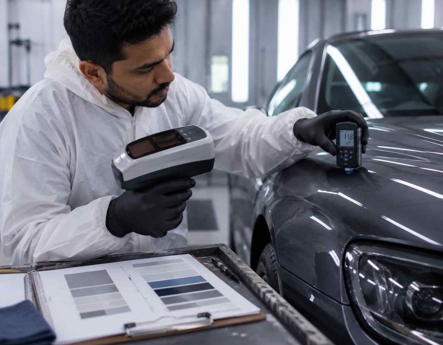 Automotive refinisher identifying gloss, matte or satin paint before giving wash guidance