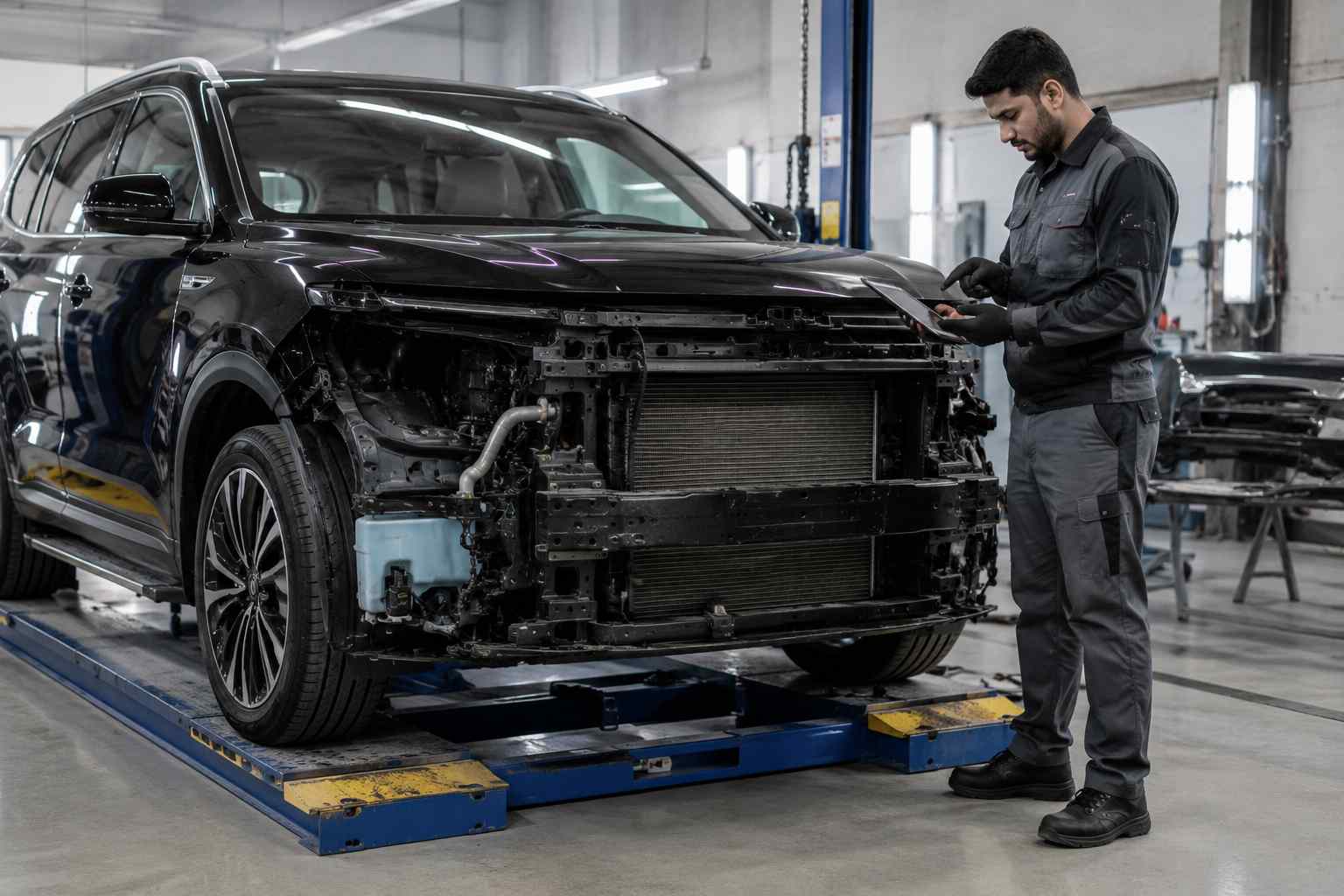 Jetour SUV undergoing body repair and equipment assessment in a professional Dubai workshop