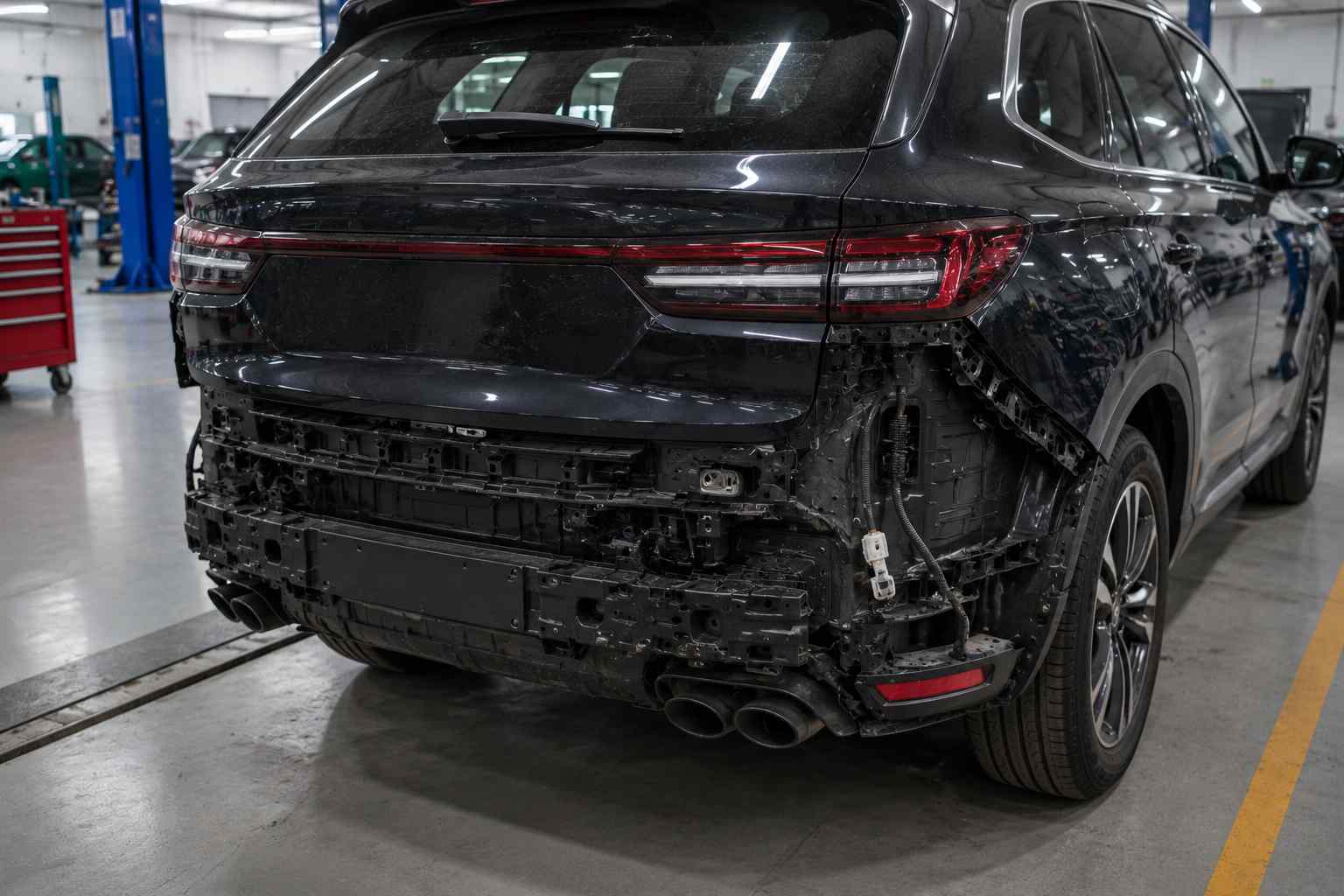 Jetour seven-seat SUV undergoing rear-impact inspection of the tailgate floor sensors and seating area