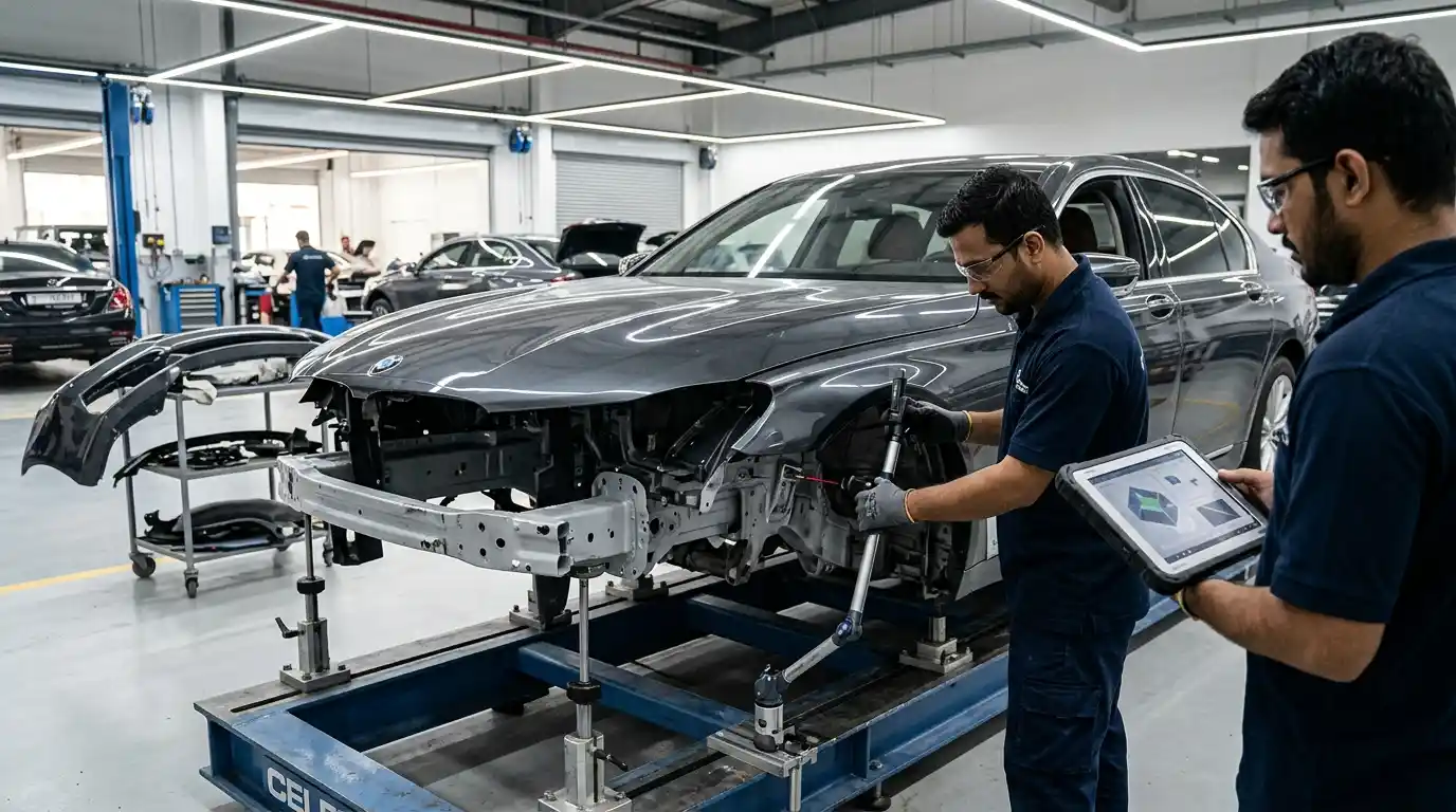 Initial and final frame measurement records reviewed beside a repaired vehicle