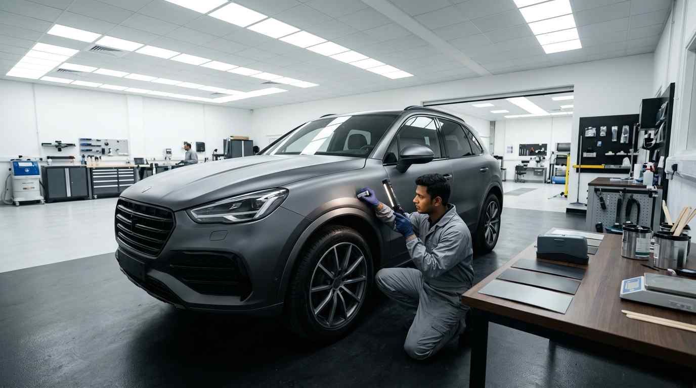Matte Car Paint Repair Dubai Quality Inspection Matte car paint finish undergoing quality inspection in a professional Dubai paint workshop