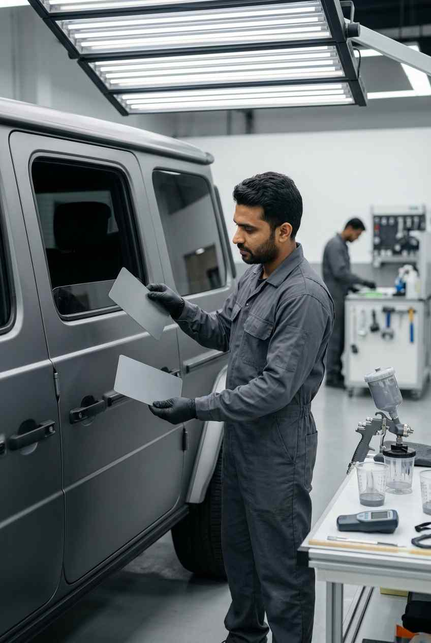 Matte Paint Colour and Sheen Verification Technician verifying matte paint colour and sheen match beside a repaired vehicle panel in Dubai