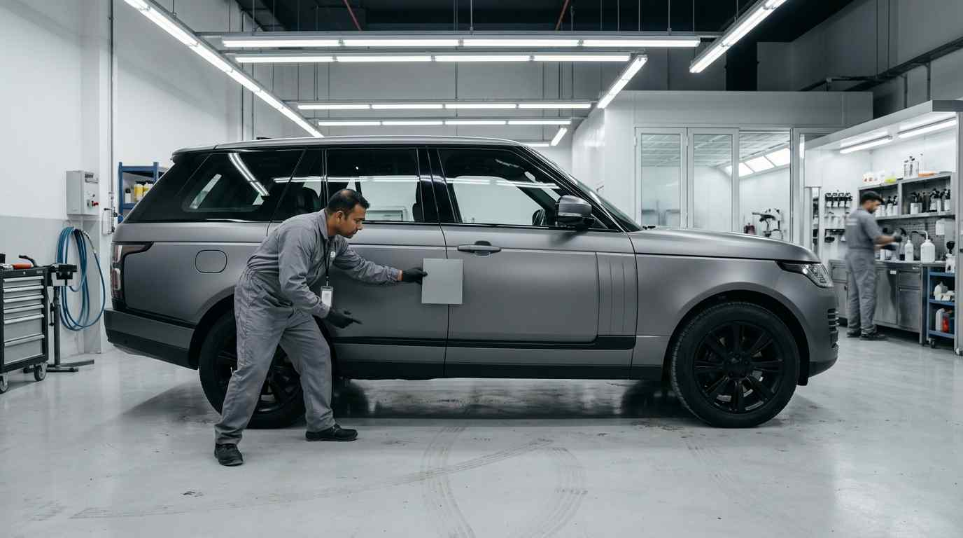 Matte Paint Sheen Inspection Under LED Lighting Matte car paint finish inspected under broad LED lighting to verify consistent sheen in Dubai