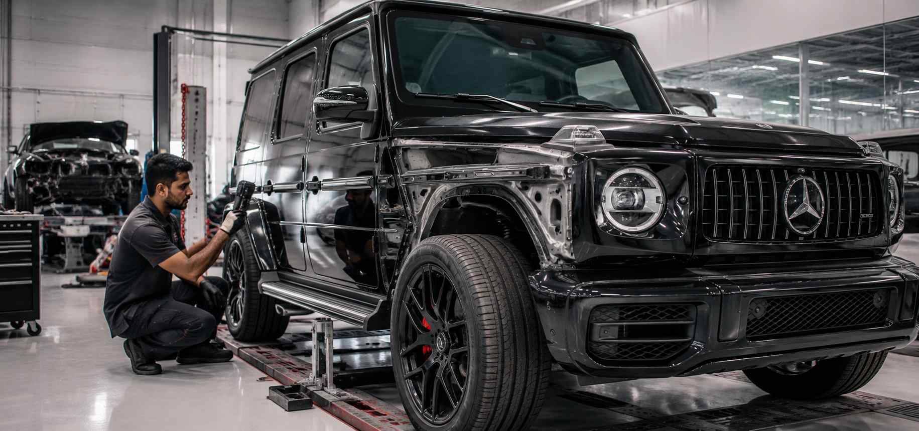 Mercedes-Benz G-Class Body Repair Dubai Mercedes-Benz G-Class undergoing body, panel-gap and structural damage inspection in a Dubai workshop