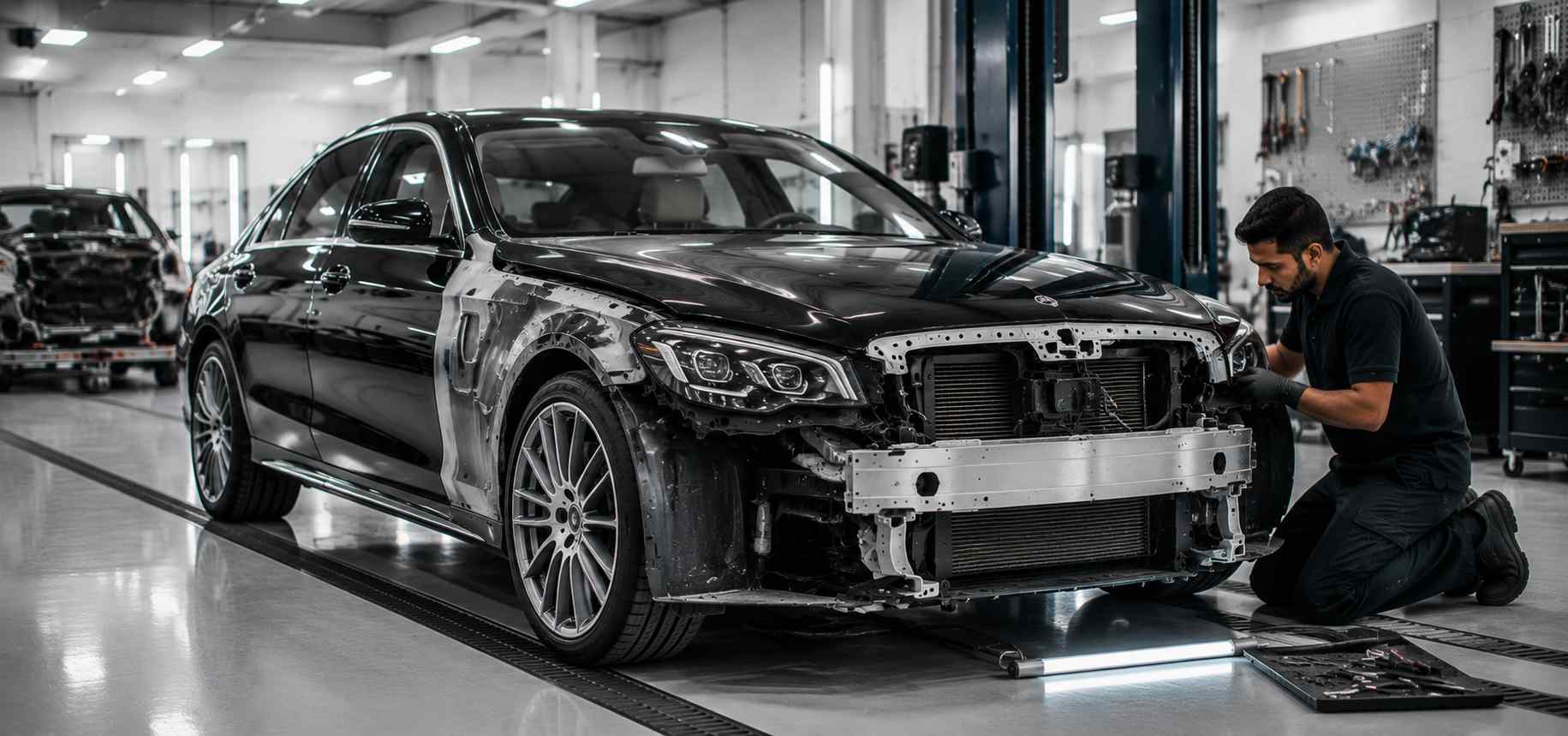 Mercedes-Benz S-Class body repair inspection in a professional Dubai workshop