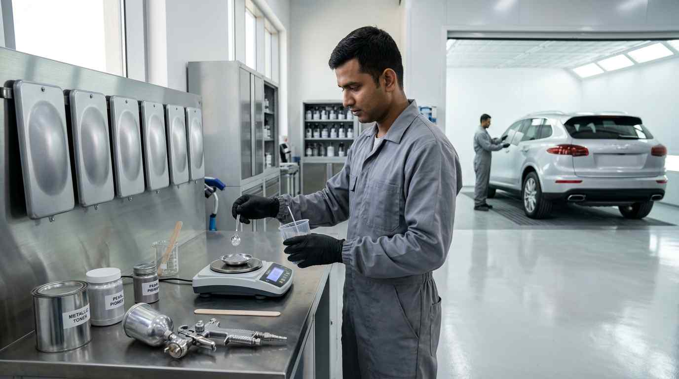 Technician assessing metallic paint colour and flake response for accurate matching in Dubai