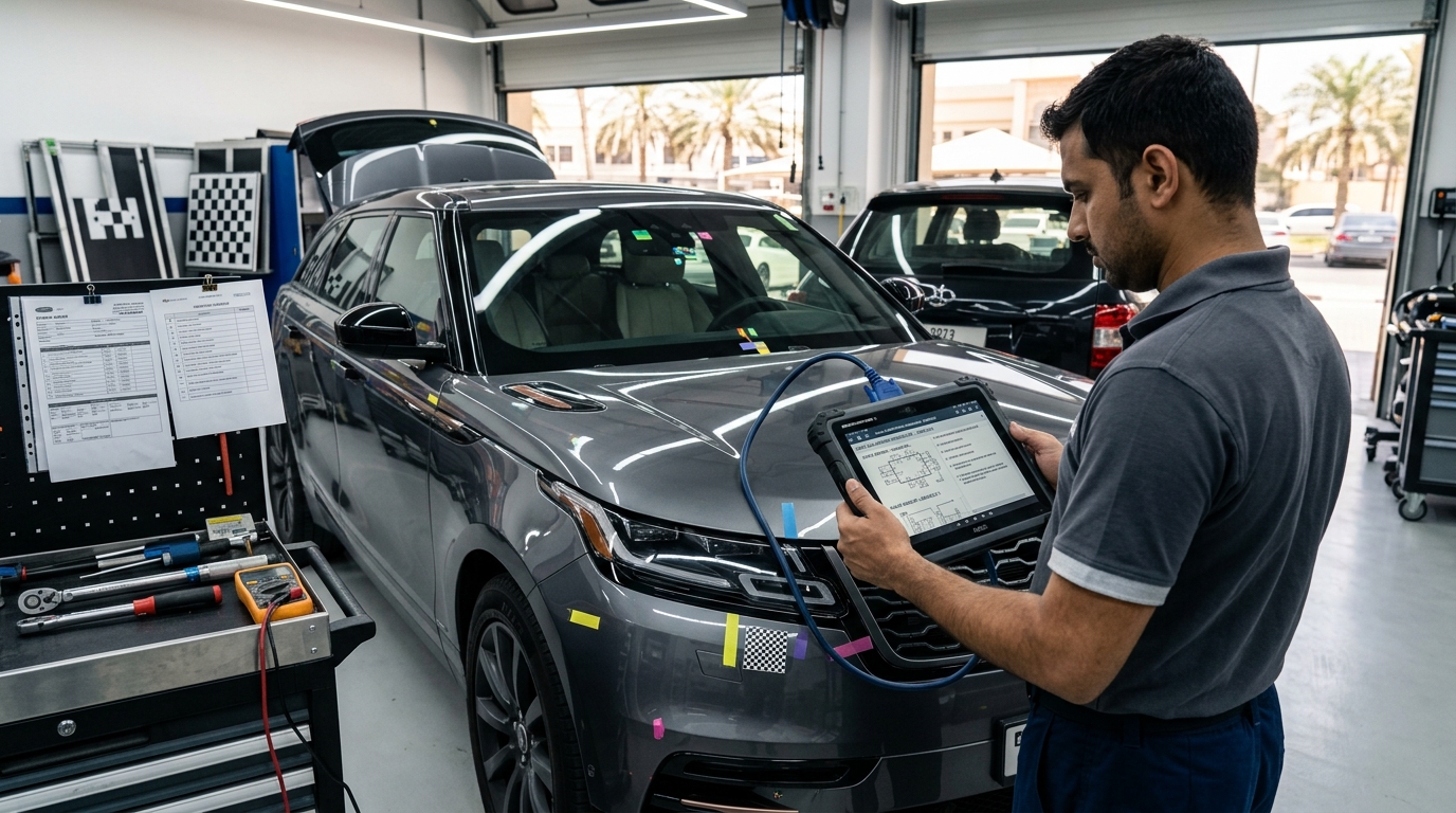 OEM ADAS Calibration Procedure Technician following OEM procedures for post-accident ADAS calibration