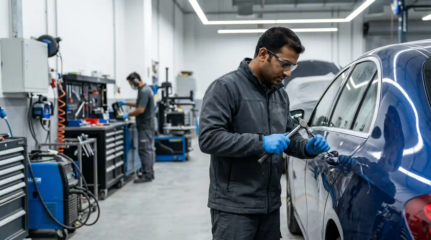 Body repair technicians reviewing a vehicle damage map and repair plan in a Dubai workshop